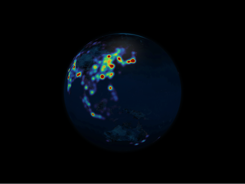 Population-density heatmap on the globe
