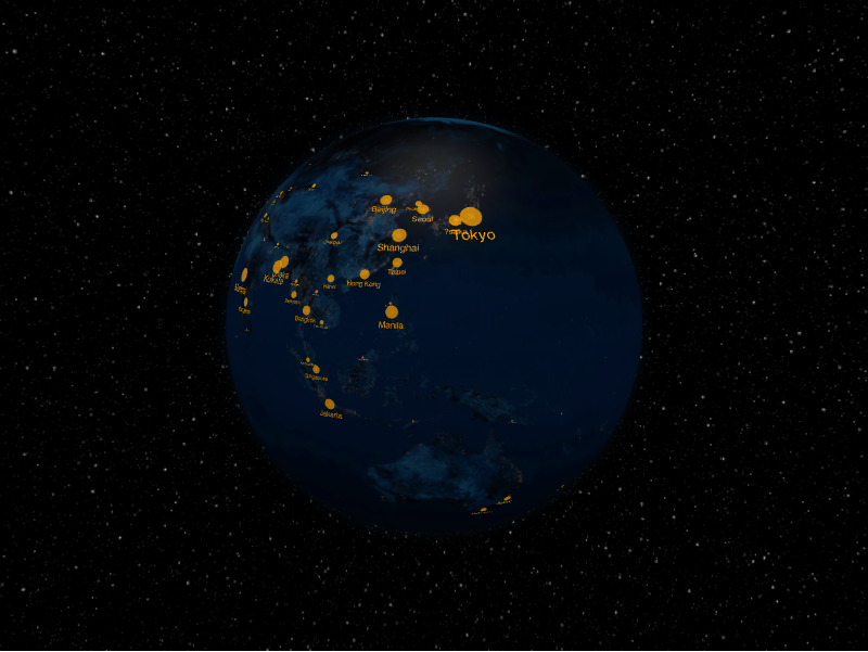 World-city labels on the globe