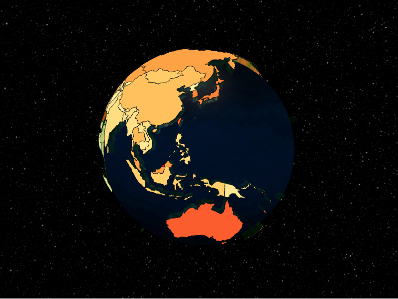 Choropleth country polygons extruded on the globe